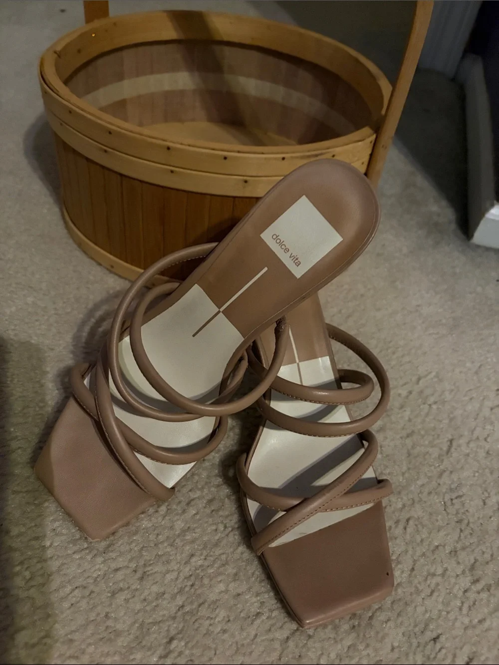 Dolce Vita Strappy Square-Toe Heeled Sandals in Taupe